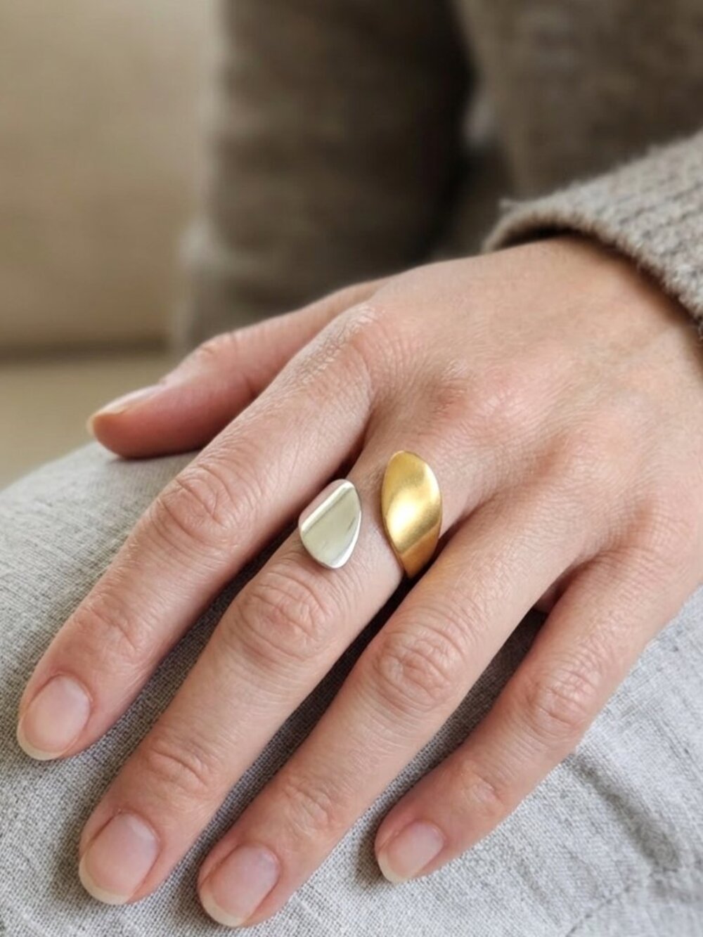 Stainless Steel Two Tone Minimalist Wrap Ring Gold Silver Size 8 Adjustable